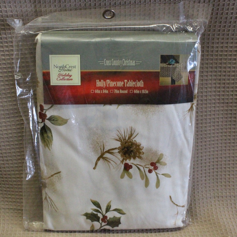 NorthCrest Home Holly Pinecone Tablecloth 60x84 Cotton Christmas Holiday Cottage